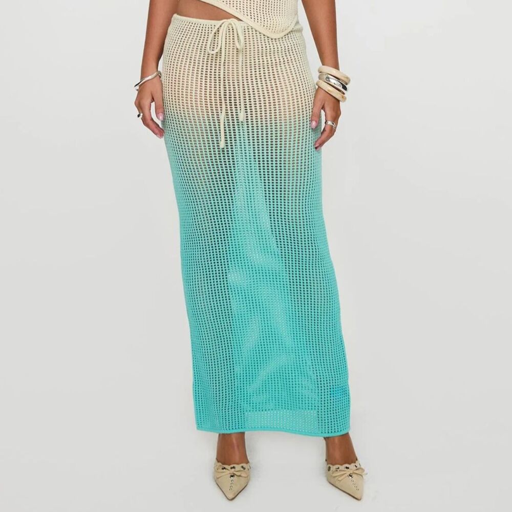 Princess Polly Auralia Knit Maxi Skirt Sheer Swim Coverup Blue Cream Gradient 4